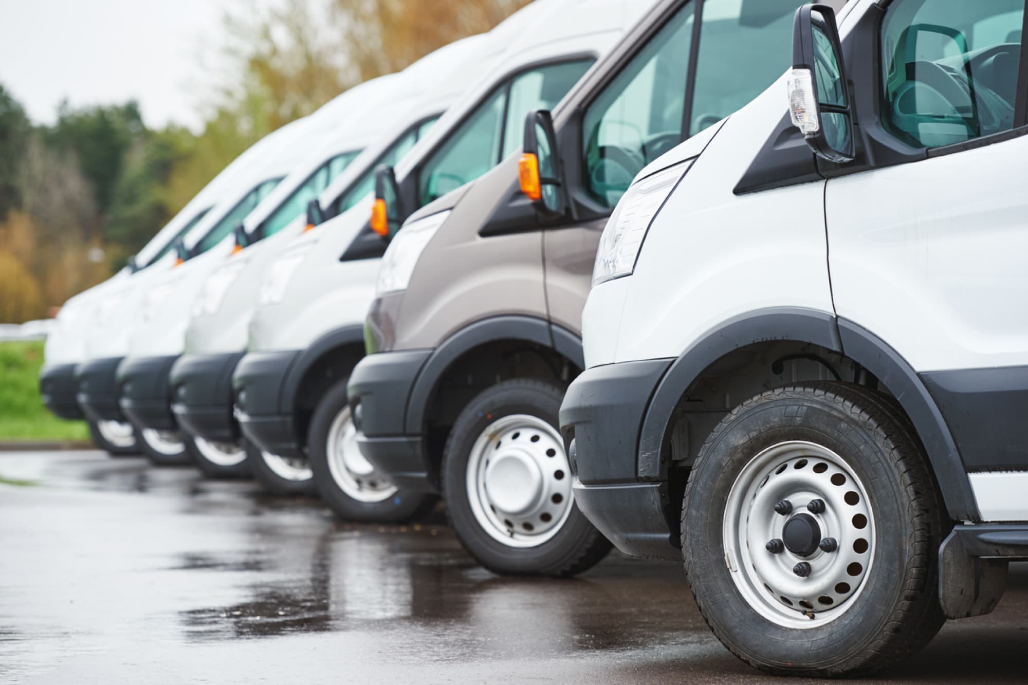Seven white vans parked and aligned