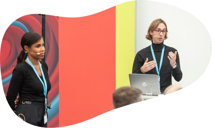 Leslie and Florian presenting Bulbthings to an audience.